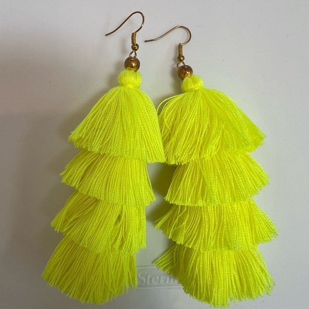 Neon Yellow Tassel Earrings - Picture 3 of 4